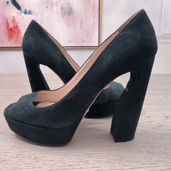 Prada Hunter Green Suede Open Peep Toe Platform Hell Size 6.5 - Picture 1 of 8